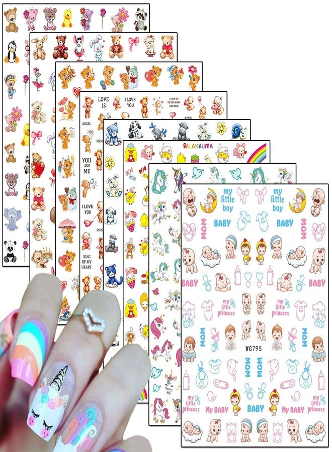 TBRZTR Cartoon Nail Art Stickers, Cute Animal 3D Self-Adhesive Decals Design, Unicorn Bear Dog Cat Flowers Chicken Rabbit Heart Baby Nail Decoration for Women Girls Manicure Charms Acrylic Supplies(8 Sheets) - Image 1